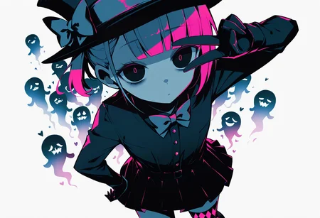 1girl, hot pink hair, asymmetrical hair, blunt bangs, flat chest, curvy,
BREAK dutch angle, 1girl, upper body, v over eye, from above,
BREAK argyle, argyle legwear, asymmetrical legwear, bow, dress, ghost, halloween, top hat, (white background),
BREAK general, (chiroron:1.0), (zhuxiao517:0.7), (tenpa \(tenpa2190\):0.7), (sakura hanpen:0.7), (monochrome, greyscale), horror \(theme\), high contrast, (dark theme:0.7), masterpiece, best quality, absurdres, highres, newest, <lora:ponyv6_noobV1_2_adamW:0.6>, <lora:Unstable_v1.0:0.4>