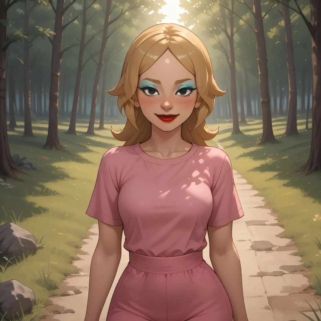 score_9, score_8, BREAK, solo, wii, mii, wii sports, 1girl, female mii, cute, attractive, blonde hair, dark blonde eyebrows, makeup, blush, blue eyeshadow, red lips, lipstick, pink clothing, white pants, shoes, breasts, nintendo mii, modern_mii, classic_mii, Maki_(OC_Mii), black eyes, sexy pose, self portrait, smile, outdoors, sunlight, shadows, evening lighting, natural lighting, forest, trees, grass, orange sky, sunset