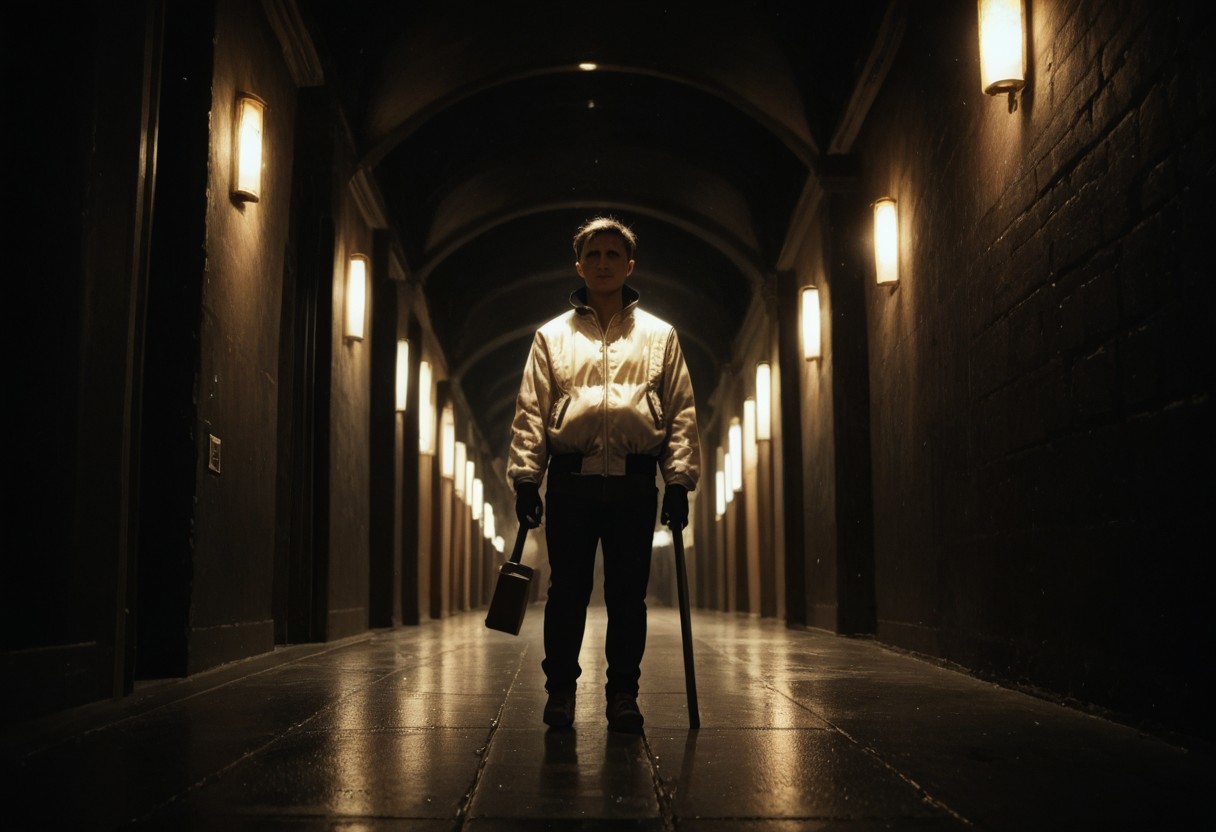 zPDXL3, score_9, score_8_up, score_7_up, realistic, cinematic, film grain, night, incandescent lighting, (warm ambient lighting),
low angle, wide cinematic shot, 
(kipo:1.8), anthro, (black and tan shiba inu), full body fur, wearing drivejacket, wearing driving gloves, hand in pocket, (holding hammer), 
walking toward viewer,
stoic face, 
dark background, (narrow brick hallway, black ceiling), exposed incandescent lightbulbs, black brick