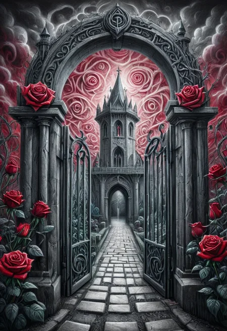 cr4yon, crayon drawing,
Photo realistic tattoo art style depicting the intricate gate of a rose-themed Gothic labyrinth,
maze walls enveloped in a scene of elaborate black and red roses
volumetric clouds hovering overhead,
an aura of mystery enveloping the entire composition,
ultra fine,
highly detailed <lora:aidma-Image Upgrader-v0.1:0.8> max details <lora:Colorful_Crayons:0.8>