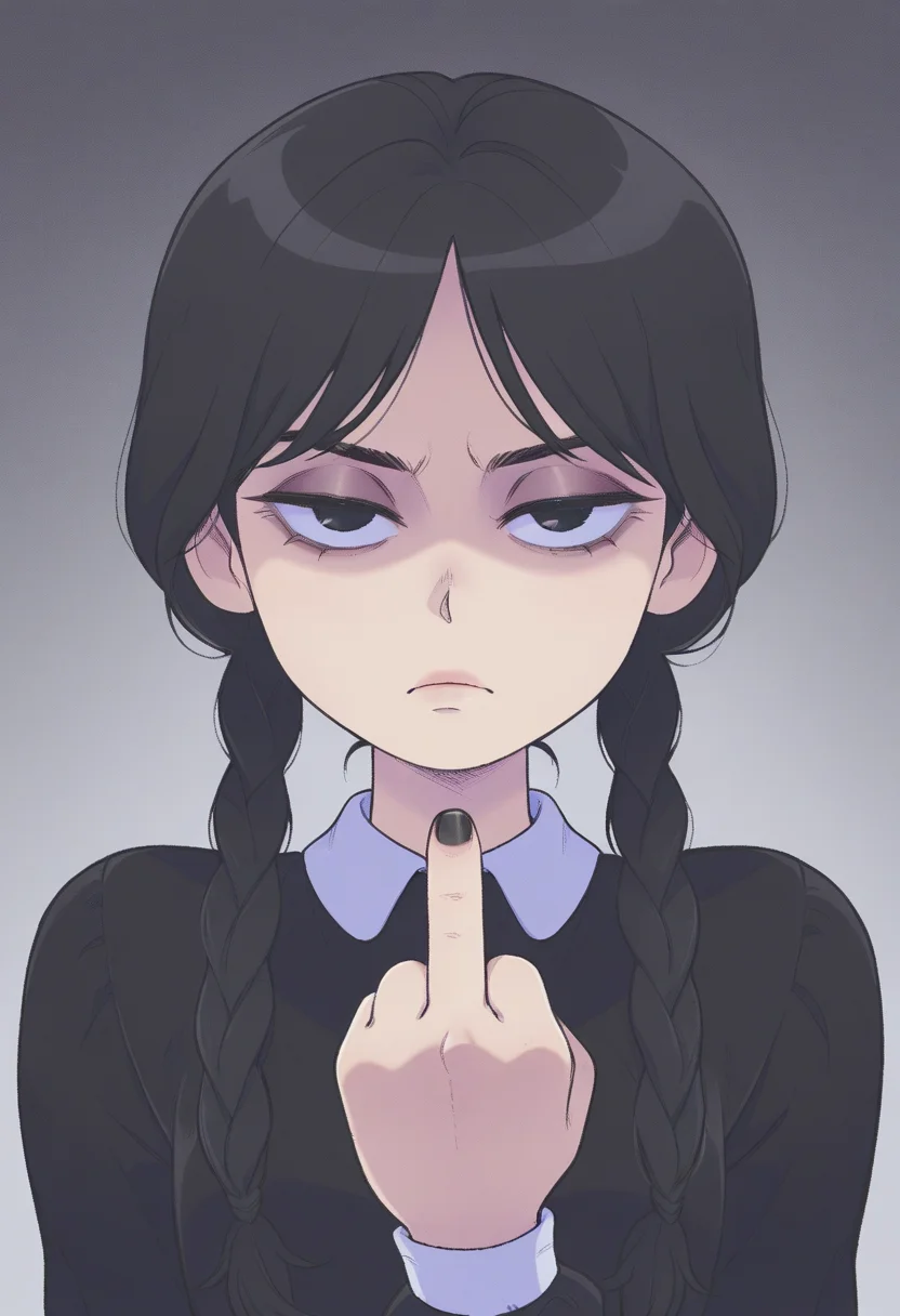 c4yf311style, masterpiece, best quality, solo, wednesday addams, black hair, black dress, unimpressed, middle finger,