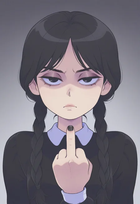 c4yf311style, masterpiece, best quality, solo, wednesday addams, black hair, black dress, unimpressed, middle finger,