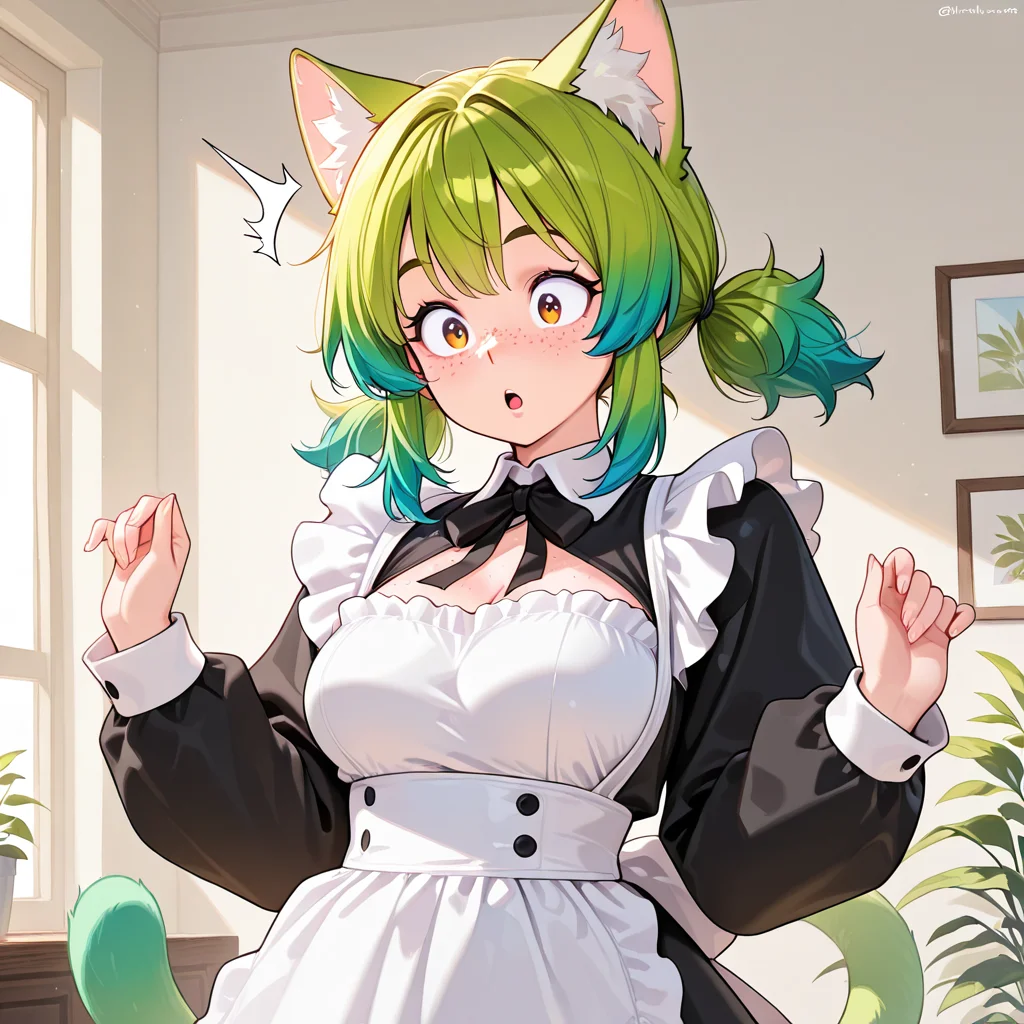 1girl, Klover, freckles, maid outfit, surprised<lora:Klover Illustrious:1>