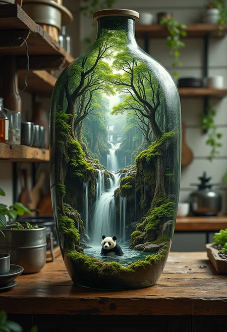 an amphora, placed on a kitchen shelf. a waterfall flows from the glass amphora; in the amphora, a green world, with majestic trees. the waterfall overflows into the real world and into the kitchen. a panda bathes under the waterfall, surrealism,