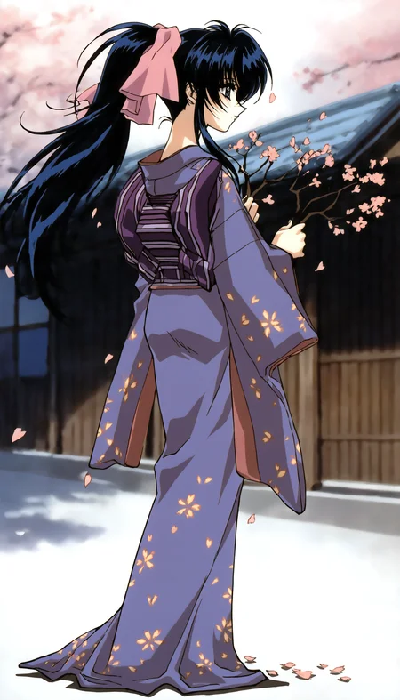 masterpiece,best quality,amazing quality,
<lora:kamiyakaoruNAI:1>,kamiyakaoru,
1girl,solo,black hair,bangs,ponytail,pink scrunchie,blue eyes,purple kimono,flora print,purple and white obi,full body,standing,back view,holding branch,
outdoors,falling petals,
depth of field,