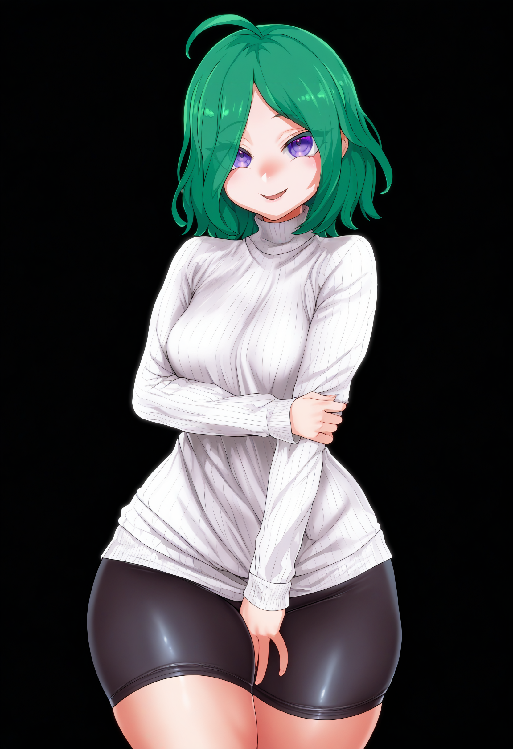 masterpiece, best quality, 1girl,
solo, small breasts, wide hips, thick thighs, shorts, curvy, shiny clothes, turtleneck sweater, green hair, cowboy shot, turtleneck, blush, purple eyes, medium hair, ribbed sweater, smile, white sweater, closed mouth, thighs, breasts, open mouth, bike shorts, black background, arm under breasts, eyes visible through hair, looking at viewer, standing, hand on own arm, ahoge, long sleeves <lora:asanagi:1>