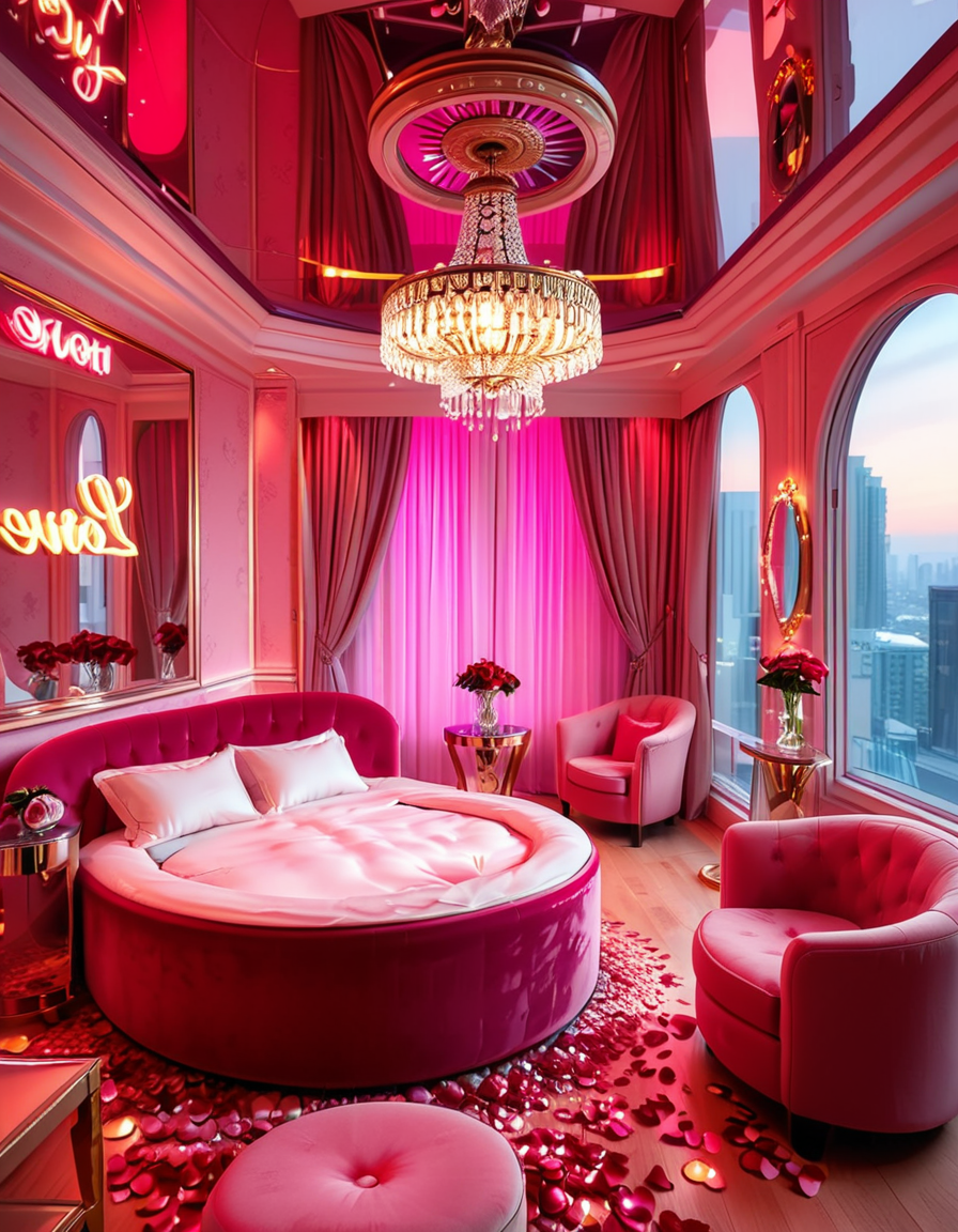 A luxurious, stylish love hotel room,love hotel r00m with a romantic and intimate atmosphere. The room features a large, round king-sized bed with silky red and black sheets, surrounded by soft, ambient lighting. Neon pink and purple LED lights illuminate the walls, creating a sensual glow. A plush velvet sofa sits near the bed, with a glass-topped coffee table holding champagne glasses and a chilled bottle of champagne. The ceiling has a large mirror, reflecting the entire room. On one side, thereâs a floor-to-ceiling window with sheer curtains, showing the night cityscape in the background. A modern jacuzzi tub with rose petals floating on the water is visible in the corner, surrounded by candles. The room has a sleek, modern design with a touch of opulence, including gold accents on the furniture and warm wooden floors. The lighting is dim and moody, emphasizing the romantic ambiance.
<lora:SDXLFaeTastic2400:0.4> <lora:extremely_detailed:0.4> extremely detailed, <lora:love_hotel_r00m:1>, Masterpiece,best quality,hi res,8k,hi res,8k,award winning,(sharp focus, intricate, highly detailed),