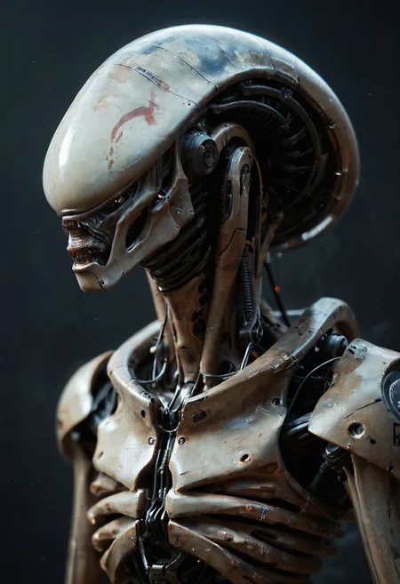 1girl, joints, machinery, mcnm, cowboy shot, mechanical parts, alien creature, portrait, reelmech, cable, science fiction, dark background, cinematic, .(((score_9)), score_8_up, score_7_up, score_6_up), rating_explicit