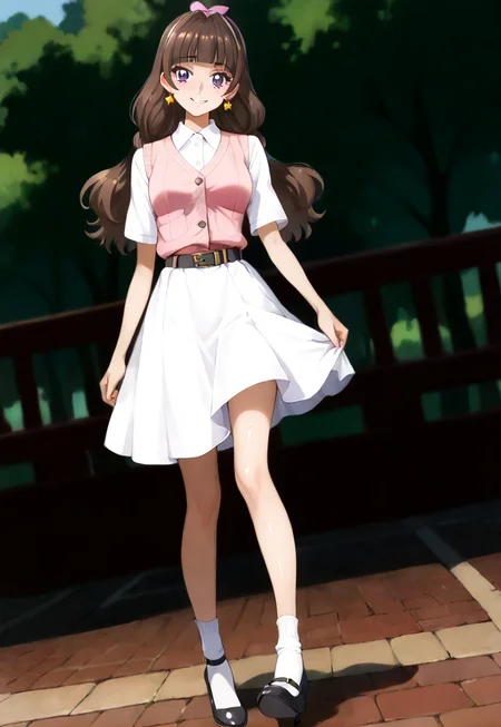 (score_9, score_8_up, score_7_up, score_6_up, score_5_up, score_4_up),
best quality,masterpiece,source anime,very aesthetic,absurdres,
1girl,solo,18yo,
break,
<lora:kirara.pony:1>, kirara,
<lora:1018 Home wear 34_v1_pony:1>, ruanyi1018, black belt, collared shirt, pink vest, white skirt,
white socks, black high heel mary janes,
break,
shiny skin,white skinned girl,shiny hair,large breasts,slim body,(sagging breasts:0.3),
blush, light smile,
detailed background,
outdoors,
depth of field, dutch angle, full body,