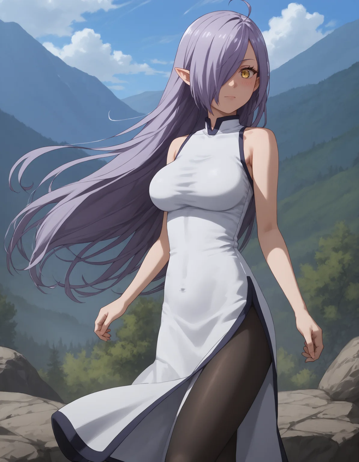 score_9, score_8_up, score_7_up, score_6_up, score_5_up, score_4_up, masterpiece, best quality, very aesthetic, absurdres
BREAK
kyarotto_olis, 1girl, solo, purple hair, very long hair, hair over one eye, pointy ears, yellow eyes, sleeveless dress, white dress, long dress, side slit, black pantyhose, looking at viewer, blush, wind lift
BREAK
wind, nature, mountain, forest, blue sky
<lora:kyarotto_PeachBoyRiverside_ponyxl_v1:1>