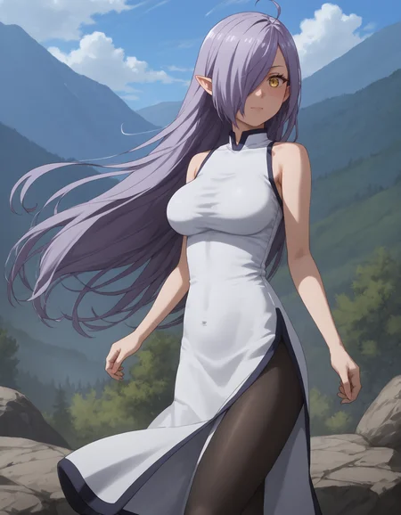 score_9, score_8_up, score_7_up, score_6_up, score_5_up, score_4_up, masterpiece, best quality, very aesthetic, absurdres
BREAK
kyarotto_olis, 1girl, solo, purple hair, very long hair, hair over one eye, pointy ears, yellow eyes, sleeveless dress, white dress, long dress, side slit, black pantyhose, looking at viewer, blush, wind lift
BREAK
wind, nature, mountain, forest, blue sky
<lora:kyarotto_PeachBoyRiverside_ponyxl_v1:1>