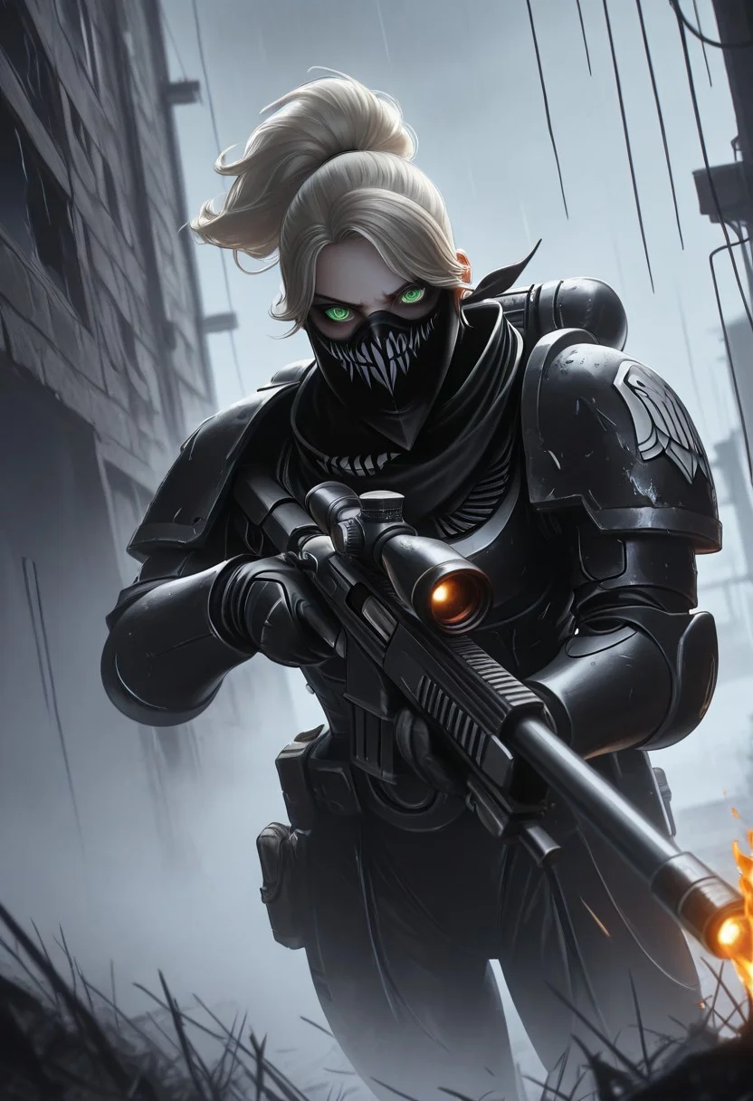 masterpiece, best quality, high quality, newest, highres,8K,HDR,absurdres, dynamic angle, realistic,  wearing edgRG_(power armor), pauldrons, raven emblem, solo, 1girl, Erica Slaughter, ericaslaughter,  blonde hair, ponytail, green eyes, perfect eyes, ((bandana with bandana around neck or bandana around mouth with mouth mask)), holding a sniper, broken window, silhouette, creepy, backlit, haunted, storm,  fog, mist, cold, blue fog,  fire, explotion, dutch angle,  dark outside, solo, close up, mid shot, dutch angle, half body portrait,  <lora:edgIllustriousXL_Raven_Guard:1>