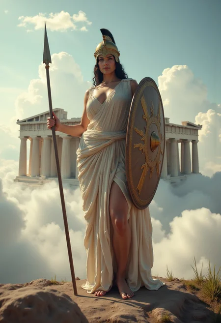 the most realistic, photorealistic photo ever taken [full body shot of a (greek goddess athena:1.5), (THICK  CALVES:1.5), dark hair, (wearing a Corinthian helmet:1.5) and a (revealing chiton:1.5), , holding a long spear IN HER RIGHT HAND AND A (SHIELD IN HER LEFT HAND:1.5), (standing in front of THE PARTHENON in the clouds:1.5), looking at the camera, a dream world shifting landscapes in the clouds, Captured with a Hasselblad X2D 100C and an 120mm f/1.4 lens, hyper-realistic textures, incredible realism, creamy bokeh, ultra-detailed textures, perfect lighting]