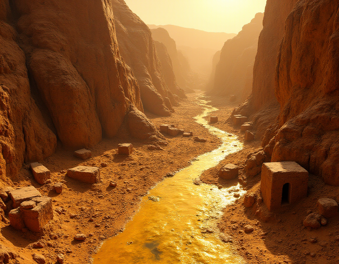 A surreal landscape photo of a mystical canyon on Mars, where ancient ruins made of what appears to be liquid gold stretch across the rocky terrain, surrounded by strange symbols that seem to hold secrets of the universe. <lora:Phlux:0.4> <lora:fluxenhancer:0.4> <lora:amateurphoto-v5-14-15-1-1:0.4>