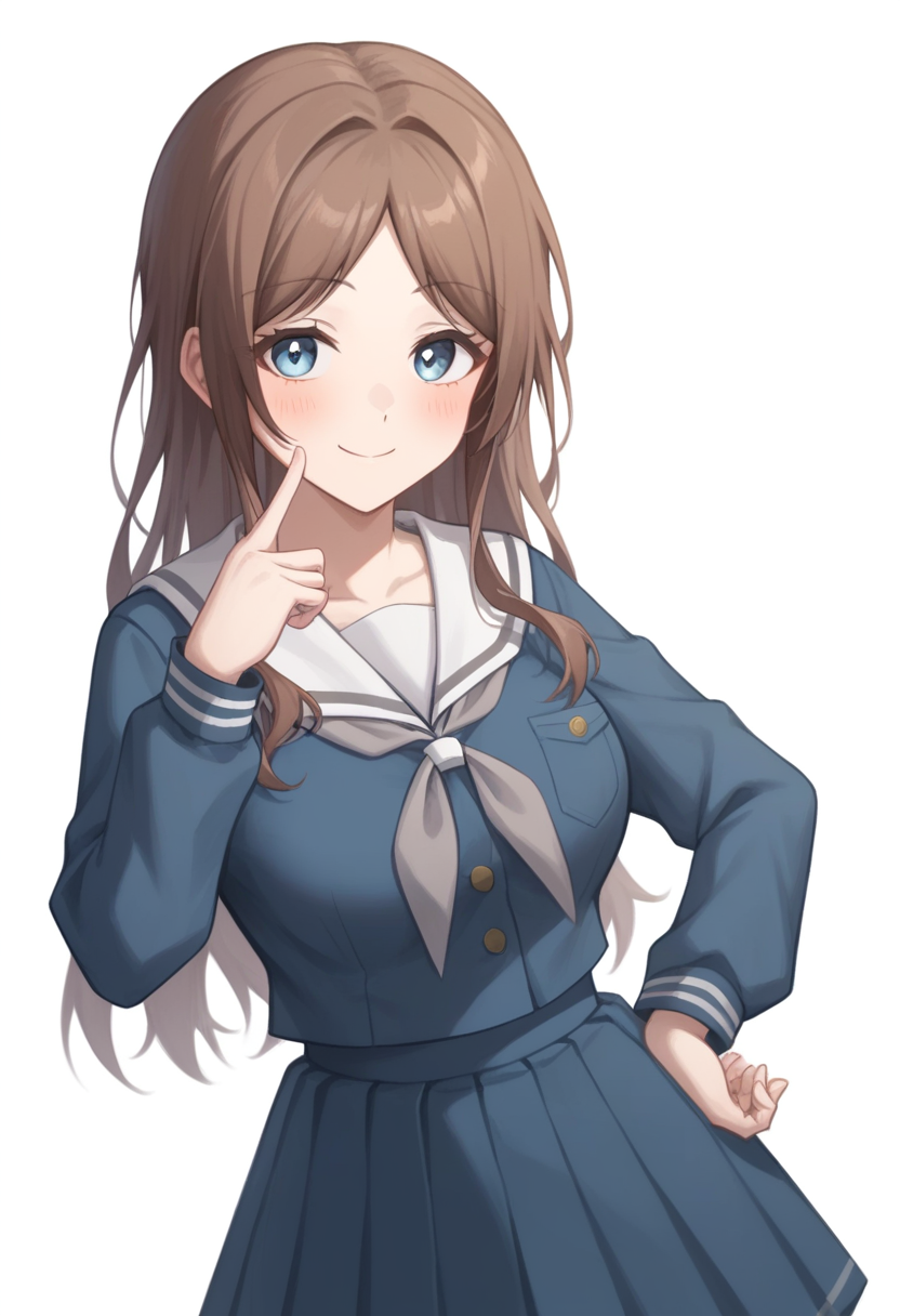 score_9,score_8_up,score_7_up,<lora:mygo_all_pony:1>,1girl, absurdres, arm_across_waist, blue_eyes, blue_shirt, blue_skirt, blush, breast_pocket, brown_hair, buttons, closed_mouth, commentary, grey_neckerchief, hand_on_own_hip, hand_up, highres, large_breasts, light_smile, long_hair, long_sleeves, looking_at_viewer, nagasaki_soyo, parted_bangs, pleated_skirt, serafuku, sidelocks, simple_background, solo, standing, tsukinomori_school_uniform, upper_body, white_background, white_sailor_collar