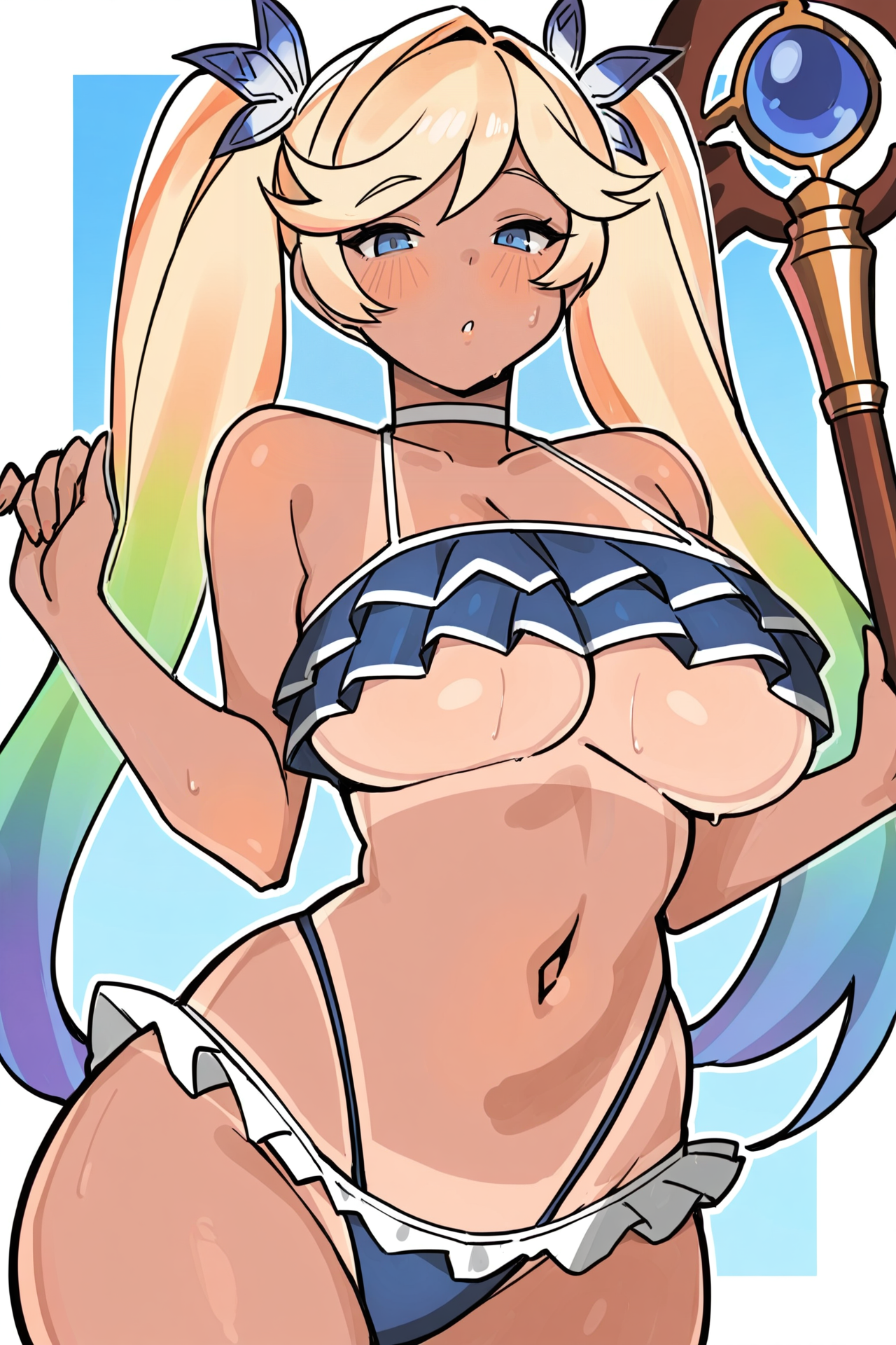 1girl, solo, kuromaruart,
looking at viewer, io \(granblue fantasy \),granblue fantasy,rainbow hair,tan,frilled bikini,gradient hair,staff,blue eyes, ,
masterpiece, best quality, amazing quality, very aesthetic, absurdres, newest, <lora:kuromaruart:1>