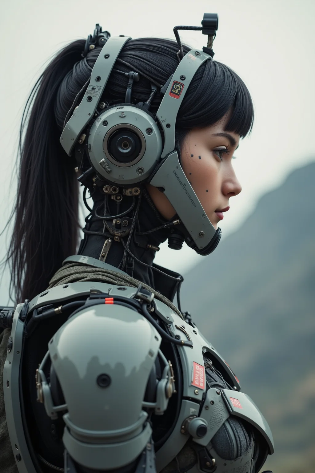 shoulder-up portrait of a mechanized scout with human female face and long unkempt black hair, rest of head encased in matte gray segmented plating with antenna clusters and sensor domes embedded, visible wiring runs along the neck and into a lightweight armored shoulder rig, subtle scratches and tracking marker tattoos under her eyes, one shoulder bears a laser rangefinder and camera gimbal, background is a hazy mountain ridgeline under overcast sky, tactical and restrained color palette, photorealistic with subdued tone
mg-mk.1