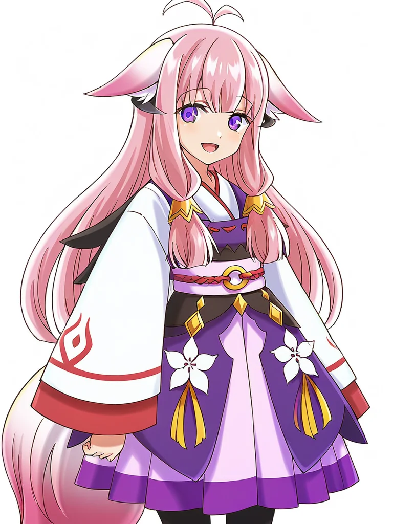 score_9, score_8_up, score_7_up,
1girl, hina rf, long hair, pink hair, purple eyes, low-tied sidelocks, horns, fox ears, fox tail,
japanese clothes, white shirt, long sleeves, purple skirt, pantyhose,
standing, arms at sides, smile, open mouth, looking at viewer,
white background, solo,