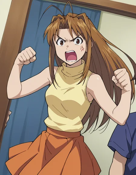 score_9, score_8_up, score_7_up, source_anime,
narunarusegawa, <lora:naru-narusegawa-ponyxl-lora-nochekaiser:1>,
naru narusegawa, long hair, brown hair, antenna hair, brown eyes, angry, anger vein, shouting open mouth,
skirt, sleeveless, miniskirt, turtleneck, sleeveless turtleneck,
indoors,
looking at viewer, dutch angle, cowboy shot,