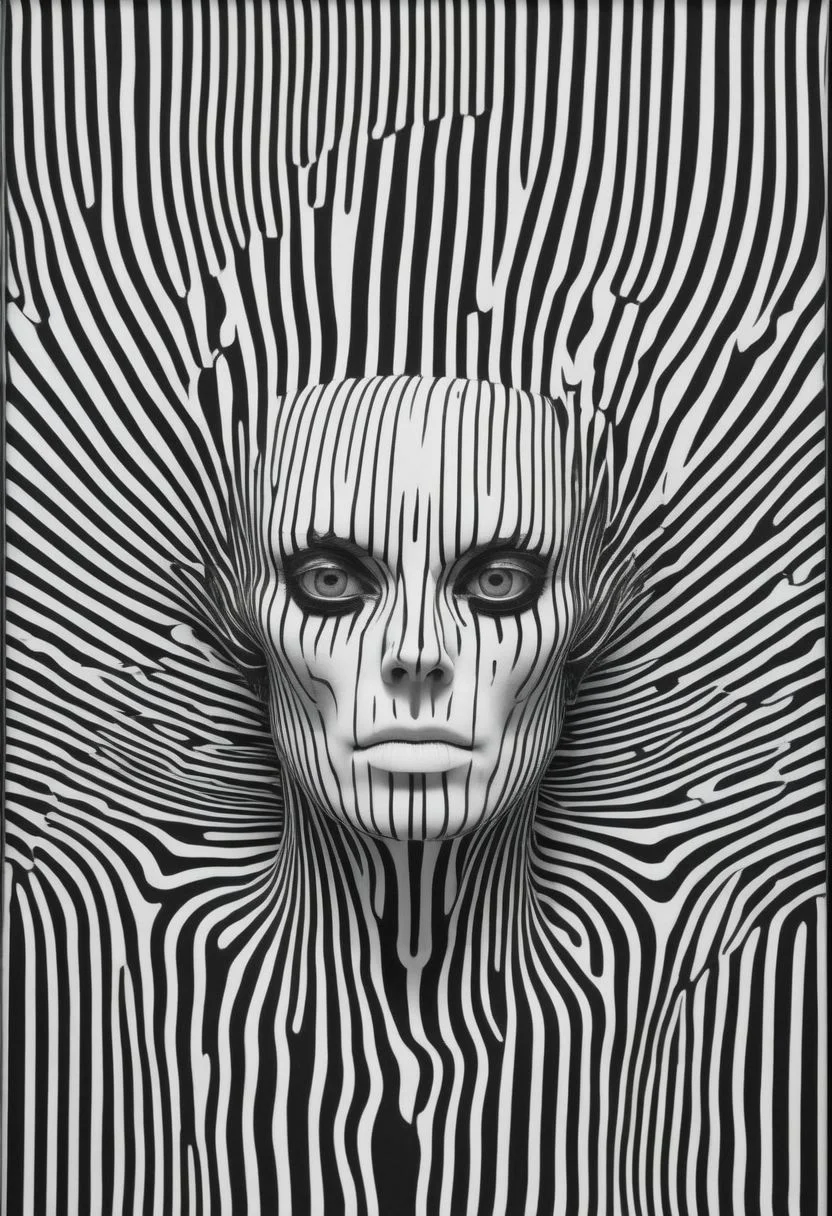 bw-grignani, surreal Alien Portrait By HR Giger embedded in perfect emphasis lines, made of Stripes, perfect bold lines,