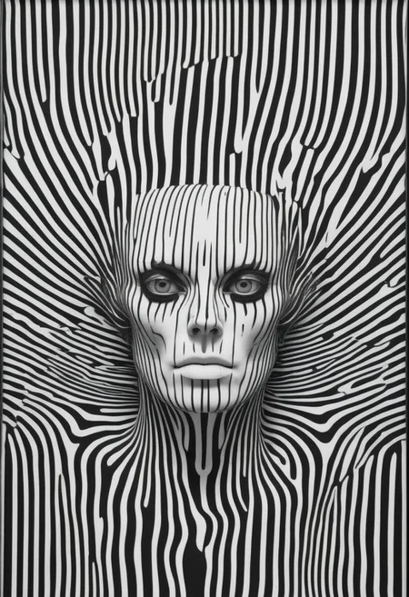 bw-grignani, surreal Alien Portrait By HR Giger embedded in perfect emphasis lines, made of Stripes, perfect bold lines,