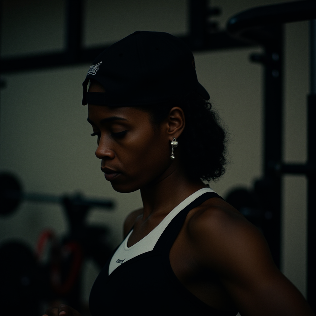cinematic film still  <lora:Hollywood Cinematic Film style v1:1> high contrast, 
A dramatic cinematic photographic image of a woman is holding a barbell in a gym,1girl,solo,black hair,hat,holding,jewelry,upper body,earrings,indoors,dark skin,dark-skinned female,black headwear,baseball cap,sports bra,realistic,exercise,weightlifting , Commercial advertisement themed, sharp, detailed, epic photography, artistic, creative, dramatic light, cinematic style, Kodak film style, different lighting style, different color style, different background, different scene, different person, different people, different race, different gender, 8k resolution, Television advertisement Hollywood Cinematic Film style . shallow depth of field, vignette, highly detailed, high budget, bokeh, cinemascope, moody, epic, gorgeous, film grain, grainy