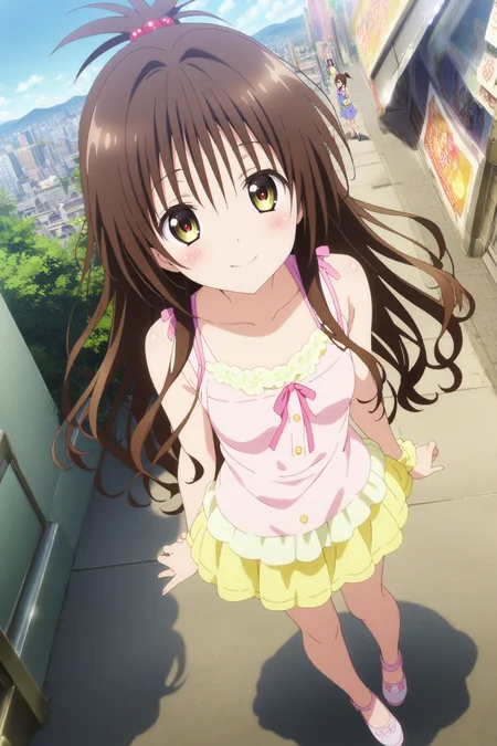 1girl, yuuki mikan, to love-ru, brown hair, yellow eyes, hair ornaments, long hair, topknot, wavy hair, small breasts, anime coloring, smiling, blush, looking at viewer, casual clothes, full body, city,
masterpiece, best quality, very aesthetic, absurdres, <lora:Yuuki_Mikan_v1_Pony:1>