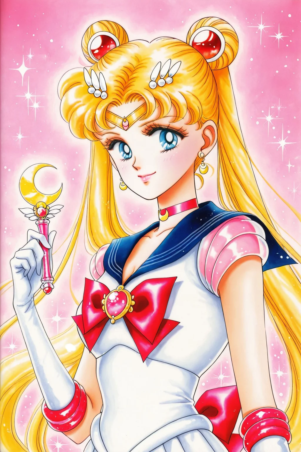 1girl,tsukino usagi,solo,sailor moon,jewelry,blonde hair,sailor senshi uniform,long hair,blue sailor collar,blue eyes,magical girl,twintails,smile,sailor collar,gloves,earrings,hair bun,double bun,upper body,bow,red bow,white gloves,crescent,crescent earrings,retro artstyle,brooch,1990s (style),elbow gloves,sparkle,looking at viewer,tiara,holding,circlet,hair ornament,closed mouth,traditional media,
<lora:Takeuchi Naoko_illustriousXL:1>,