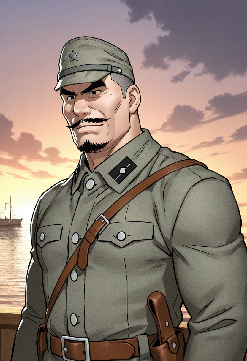 1boy, dawn, (upper body:1.5), standing, ocean, cloudy sky, ship,
BREAK
<lora:Military_Policeman_from_Hikokumin_by_Gengoroh_Tagame_v0.2:1>
kenpei, old man, buzz cut, goatee, thick eyebrows, black eyes, mustache, muscular,
BREAK
military uniform, military hat, shoulder strap, belt, holster,
BREAK
very awa, masterpiece, best quality, absurdres, newest, perfect quality, detailed background, intricate details,