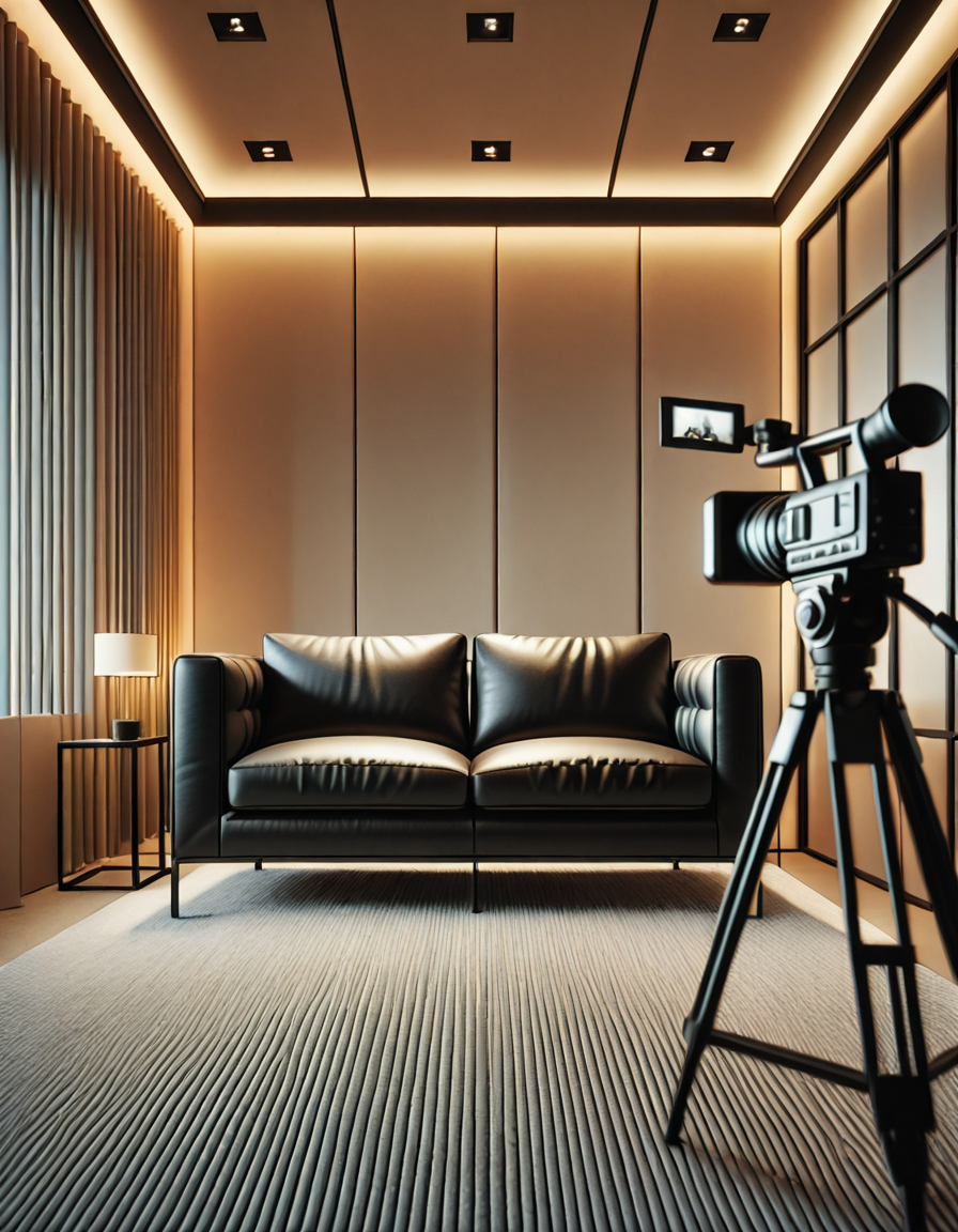 A high-quality, realistic photograph of a modern casting office interior featuring a simple black leather couch positioned against a plain white wall. The couch is sleek, clean, and minimalist in design, with smooth cushions and subtle stitching details. In front of the couch is a small, low wooden coffee table with a few neatly stacked magazines and a glass of water. To the side, there's a professional camera on a tripod aimed at the couch, with softbox lights set up to provide balanced, diffused lighting, eliminating harsh shadows. The floor is covered with light gray carpet, adding a soft texture to the scene. The atmosphere is quiet and neutral, resembling a professional interview space. The overall composition is centered and symmetrical, with a clear focus on the furniture and equipment. No people are present. The photograph has a natural daylight tone coming from an unseen window, giving a soft, ambient glow to the room.
<lora:SDXLFaeTastic2400:0.4> <lora:extremely_detailed:0.4> extremely detailed, <lora:C4st1ng_c0uch-i:1>,C4st1ng c0uch, Masterpiece,best quality,hi res,8k,hi res,8k,award winning,(sharp focus, intricate, highly detailed),