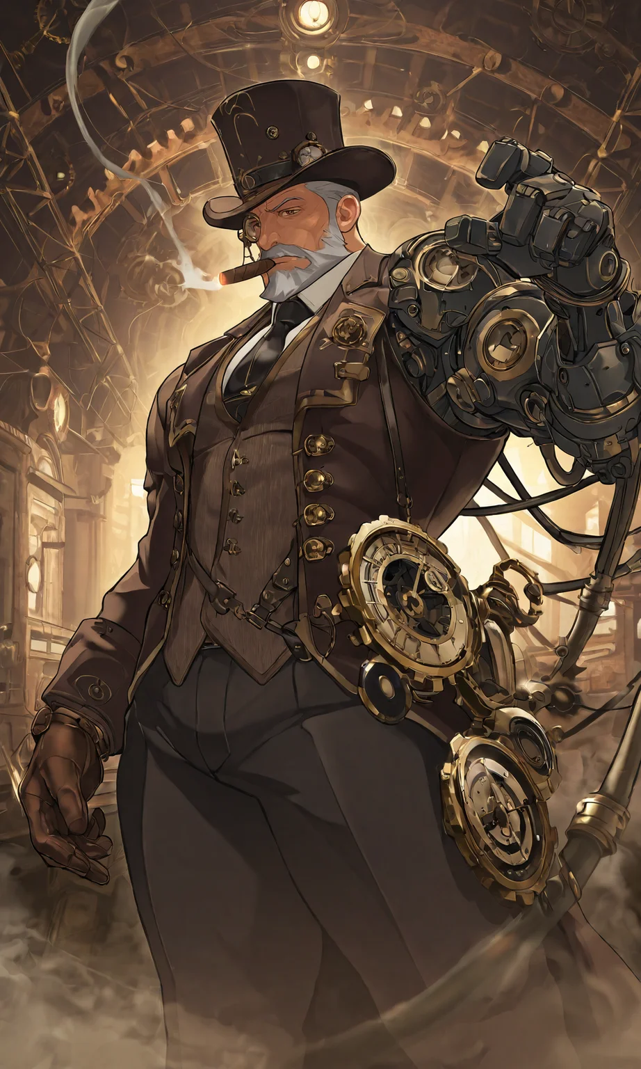 1boy, male focus, bara, muscular, large pectorals, grey hair, beard, brown eyes, mature male, old man, beard, facial hair, mechanical arms, monocle, top hat, collared shirt, single mechanical arm, standing, coat, steampunk, gloves, black necktie, white shirt, vest, cable, smoke, cigar, clockwork, gears, mechanical, Victorian train station, fantasy, epic, dynamic pose, cinematic, very awa, masterpiece, best quality, absurdres, newest, perfect quality, detailed background, intricate details, (artist:crow \(siranui\):0.5), (artist:saturday \(hokawazu\):0.5), (artist:dizdoodz:0.7)