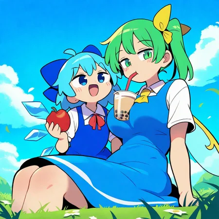 (((masterpiece,best quality,newest,absurdres,highres))),
moyazou \(kitaguni moyashi seizoujo\),
2girls,yuri,multiple girls,on grass,
cirno, touhou, blue eyes, blue hair, short hair, hair bow, blue dress, blue bow, ice wings, wings, ice wings, :d, holding apple,holding,holding fruit,apple,
daiyousei, touhou, green eyes, blue eyes, green hair, short hair, side ponytail, hair bow, fairy wings, fairy wings,smile,drinking straw in mouth,bubble tea challenge,bubble tea,breasts,large breasts,drinking straw,disposable cup,
sky,cloudy sky,cloud,grass,outdoors,flower,falling petals,