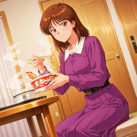 1girl, solo, masterpiece, best quality, anime screenshot, 1990s (style), maikofujiki, brown hair, brown eyes, medium hair, purple shirt, collared shirt, long sleeves, black belt, pleated skirt, long skirt, purple skirt, closed mouth, blush, smile, breasts, maruchan akai kitsune udon, noodles, blush, table, holding bowl, steam, holding chopsticks, sweat, eating, sitting, indoors, <lora:maruchanakaikitsuneudon_Illust_v1:0.8> dutch angle, panorama shot, looking at viewer,