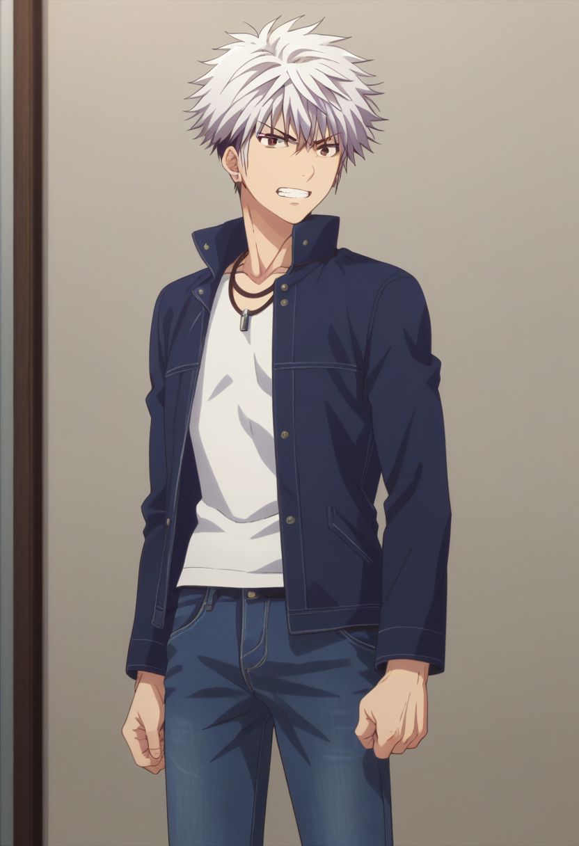 score_9, score_8_up, score_7_up, source_anime, highly detailed, 1boy, solo, male_focus, 
haru_sohma, 1boy, male focus, solo, white hair, jewelry, jacket, jeans, angry, teeth, grin, clenched fists, raised fists , menacing,