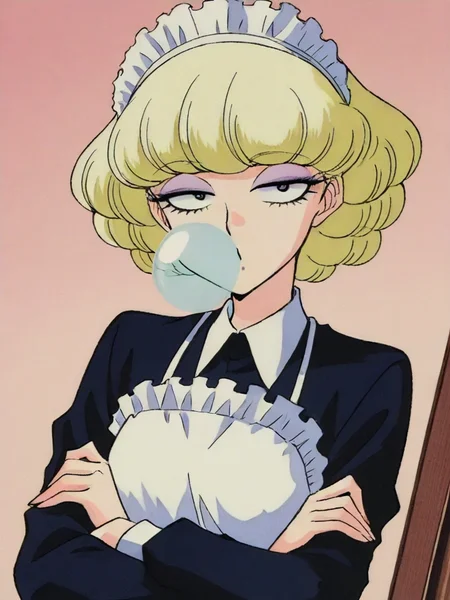score_9, score_8_up, score_7_up,
1girl, irene dr, blonde hair, curly hair, medium hair, eyeshadow, sanpaku, narrowed eyes,
maid, maid headdress, maid apron, black dress, long sleeves, crossed arms, looking at viewer, blowing bubble, bubblegum, indoors,