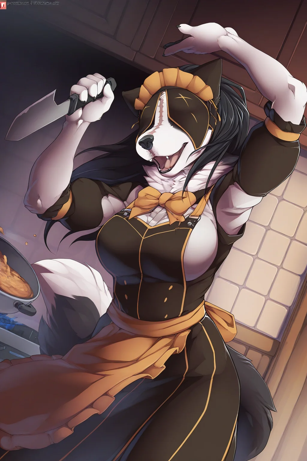 (masterpiece, best quality, absurdres, hires), 1girl, solo, maid, dress, covered eyes, covered ears, scar, headdress, neck tuft, black hair, long hair, furry female, anthro, detailed, bowtie, long skirt, apron, cowboy shot, indoors, detailed background, kitchen, holding knife, cooking, open mouth, dutch angle, (dancing), anime coloring, outlines, (artist:f-r95:0.9), (artist:fluff-kevlar:0.88), artist:twinkle-sez:0.9) ,