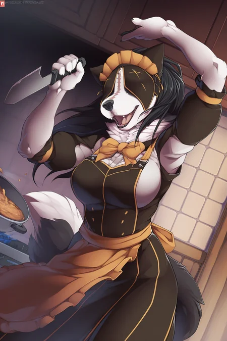(masterpiece, best quality, absurdres, hires), 1girl, solo, maid, dress, covered eyes, covered ears, scar, headdress, neck tuft, black hair, long hair, furry female, anthro, detailed, bowtie, long skirt, apron, cowboy shot, indoors, detailed background, kitchen, holding knife, cooking, open mouth, dutch angle, (dancing), anime coloring, outlines, (artist:f-r95:0.9), (artist:fluff-kevlar:0.88), artist:twinkle-sez:0.9) ,
