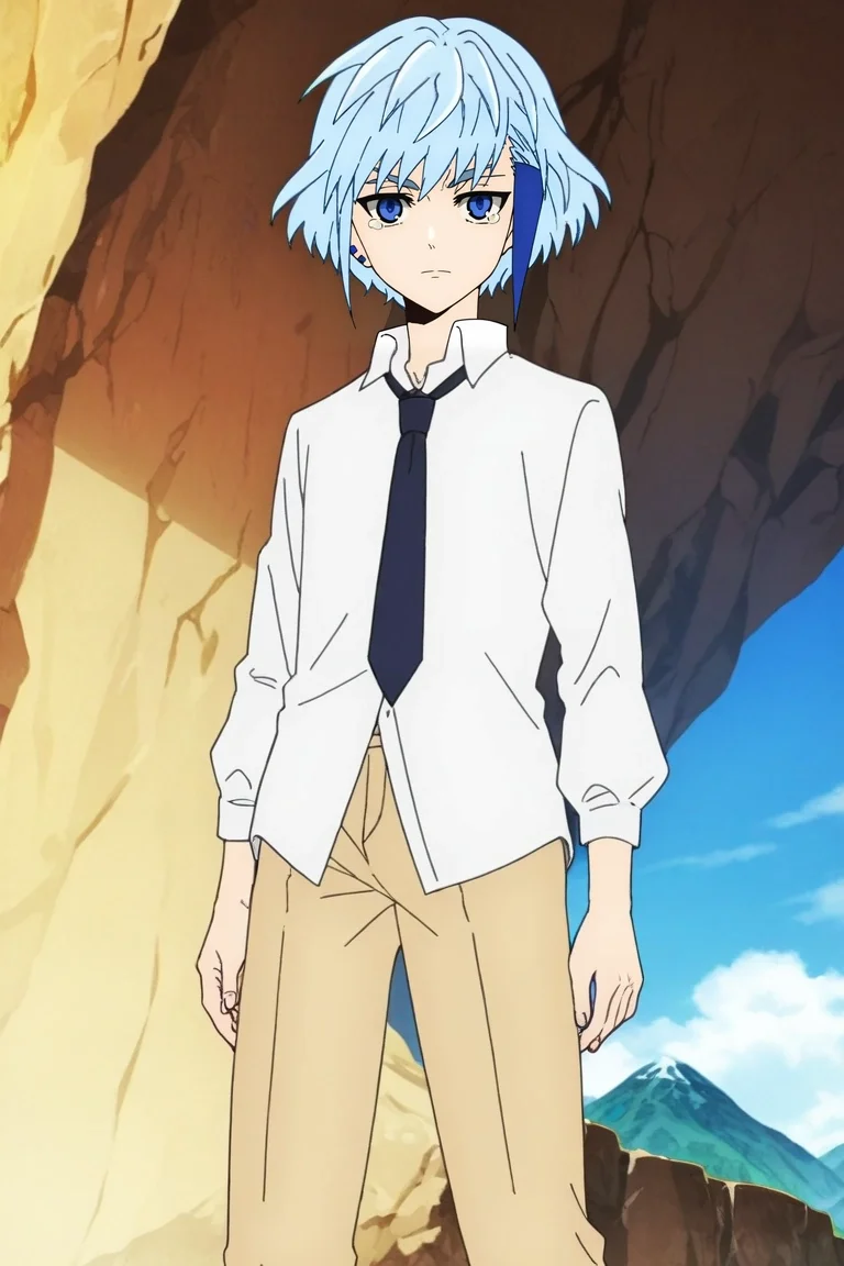 score_9, score_8_up, score_7_up, source_anime, rating_safe, intricate details, anime screencap, , official style, looking at viewer, depth of field, 1boy, solo, male focus, <lora:aguero_agnes_khun_pony:0.98>, aguero_agnes_khun, blue hair, blue eyes, short hair, , , from below, mountain, dark, knees together feet apart, tearing up, , <lora:sdxl_lightning_8step_lora:1>