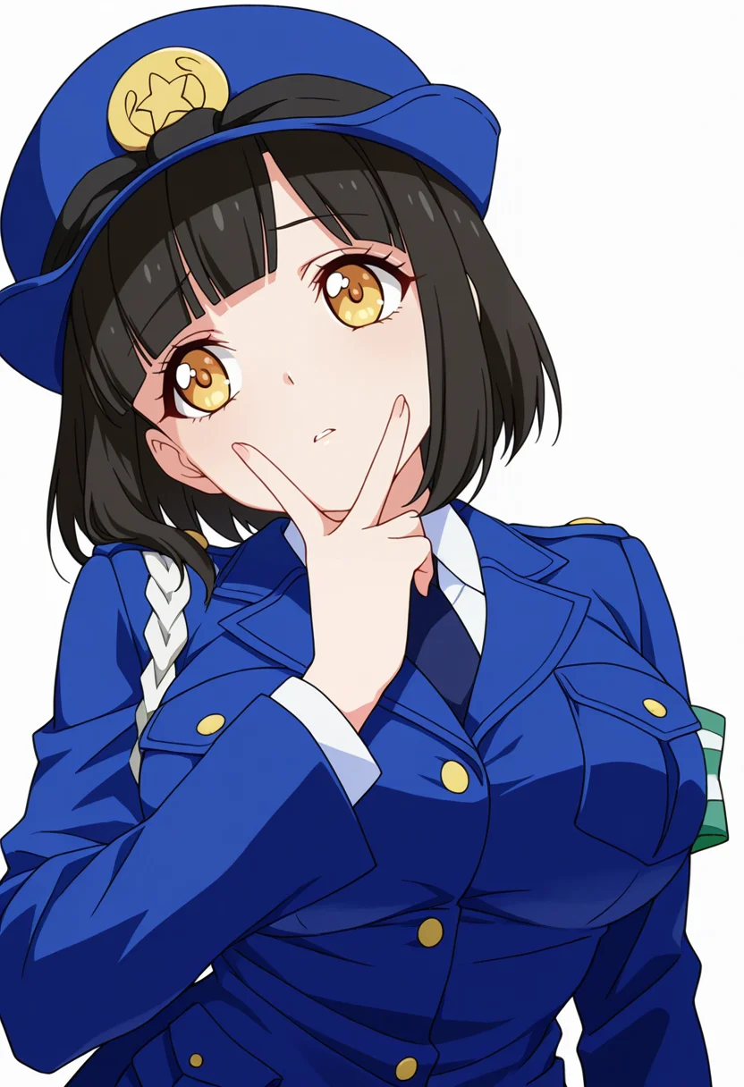 Smooth Quality,masterpiece,very intricate, high quality details, ultra realistic, high detailed skin,detailed enviorement,absurdres,
v over mouth,
 <lora:Tachibana_Mei_CNR:0.8>
mei_cnr,  black hair, short hair, bob cut, blunt bangs, yellow eyes, large breasts,
mei_cnr_def, 1girl,police uniform, blue jacket, shirt, collared shirt, pencil skirt, blue necktie, armband, police hat, breast pocket,, simple background, white background, from below,solo,, despair,