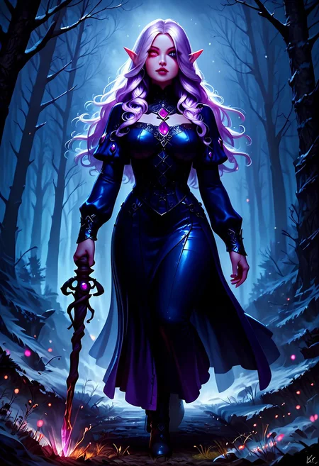 score_9, score_8_up, score_8. score_9, score_8_up, score_7_up, masterpiece, amazing quality, best quality,ultra-detailed,8K,illustration,CG,shiny long pale purple hair, clear skin, ultra-detailed-eyes, heterochromia, heterochromatic red and purple eyes, pale skin, elf ears, gothic girl, Expressive, Dark Beauty, magical research, walking down a hidden path, long hair, half up half down hairstyle, long hair, intricate hairstyle, hair jewelry ornamentation, silver, garnet, amethyst, medieval leather adventuring outfit, teal robes,  robe, healer, magic staff, voluptuous, busty, curvy, thick thighs, outdoors, exploring, winter forest view, nighttime, oil painting, d3t41l3d, gorgeous details, cinematic, concept art, realistic, eyesHD, high gradient eyes, detailed eyes, high definition eyes,