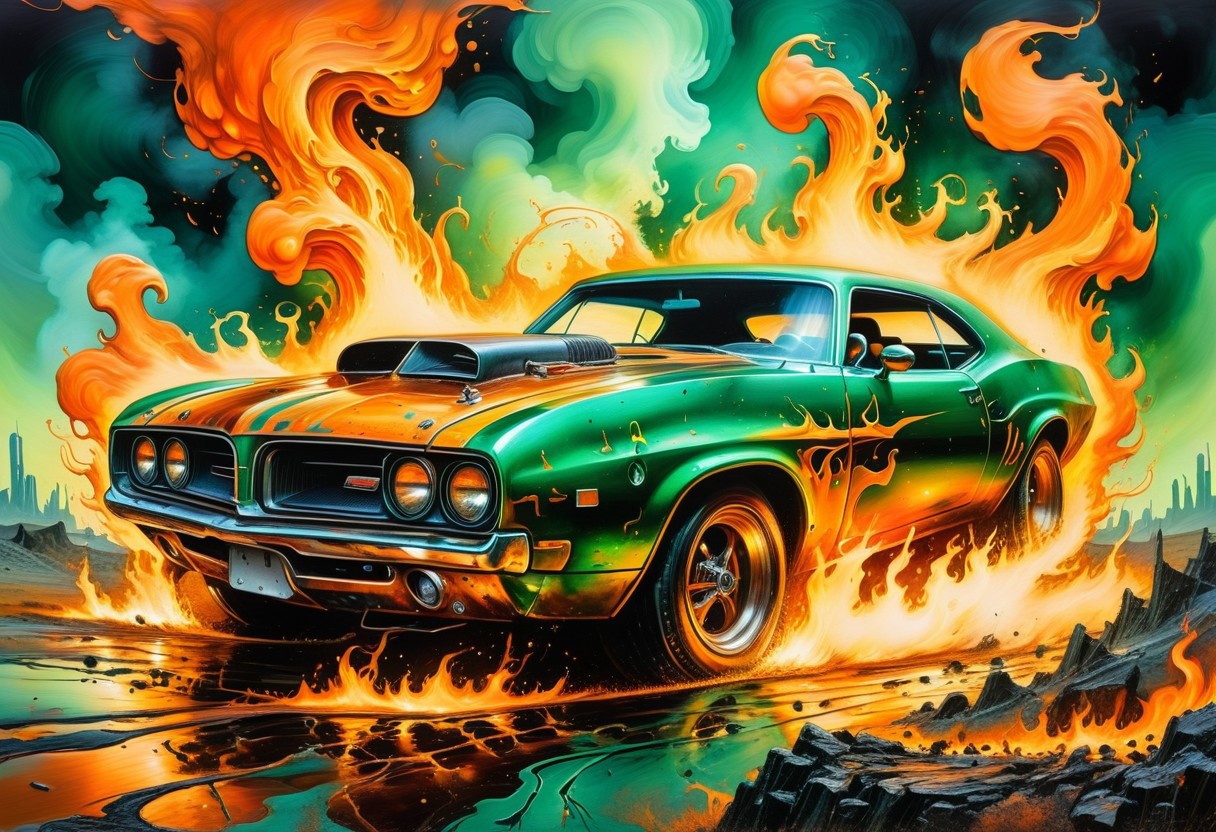 A legendary muscle car engulfed in swirling flames of vibrant orange, emerald green, and metallic gold, tearing through a dystopian landscape, painted with gritty textures reminiscent of the explosive style of Ralph Steadman.