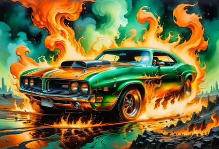 A legendary muscle car engulfed in swirling flames of vibrant orange, emerald green, and metallic gold, tearing through a dystopian landscape, painted with gritty textures reminiscent of the explosive style of Ralph Steadman.