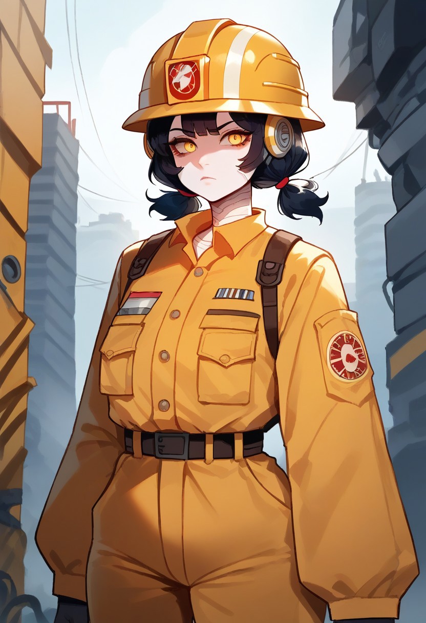 score_9, score_8_up, score_7_up, score_6_up,  Anime-style, simplified anatomy, digital art, robot girl, curvaceous figure, black hair, short fluffy pigtails, yellow construction helmet, stoic expression, looking at viewer, yellow eyes, smooth lines, high contrast, vibrant colors, white background, reflective surfaces, mechanical, White skin, construction uniform, gray building construction background,  checking construction, profile view, sideways to the camera