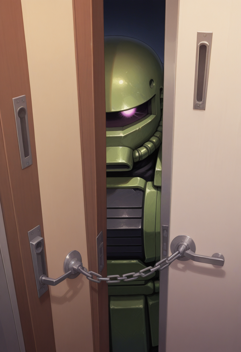 ((safe)), zaku ii, door chain, peeking out, open door, chain, pov doorway, opening door, close-up, best quality, amazing quality, very aesthetic, absurdres,   <lora:doorchain_Illust_v1:1>