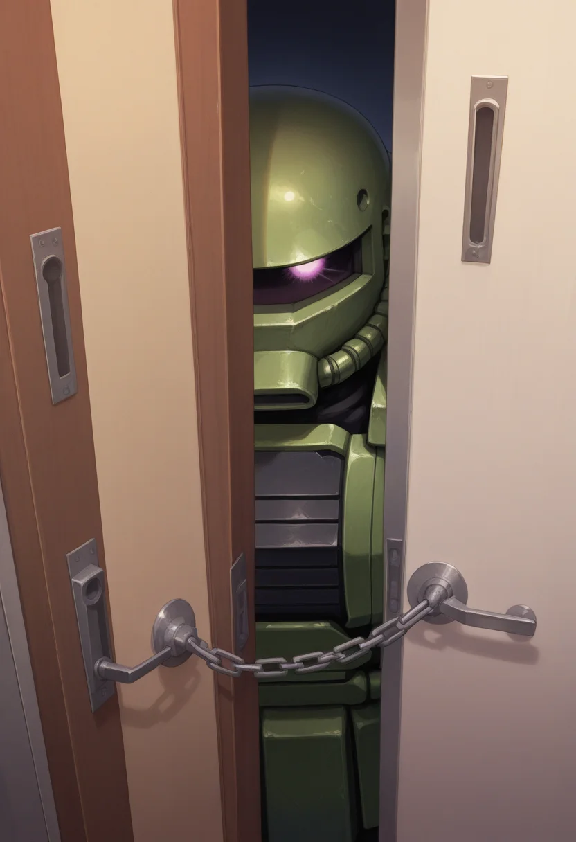 ((safe)), zaku ii, door chain, peeking out, open door, chain, pov doorway, opening door, close-up, best quality, amazing quality, very aesthetic, absurdres, <lora:doorchain_Illust_v1:1>