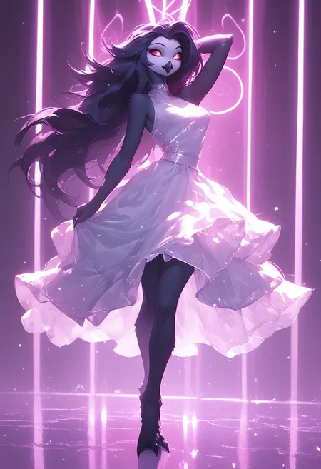 score_9, score_8_up, score_7_up, score_6_up, 1girl, solo, octavia, octavia, avian bird demon owl owl_demon, beak, red sclera, from hellova boss, anthro furry, long hair, nightclub outfit, tight white dress, perfect face, perfecteyes, sexy, sexy girl, beautiful eyes,  dancing, dynamic angle, full body shot, red eyes, glowing eyes, pop star, , neon lights, glowing lights