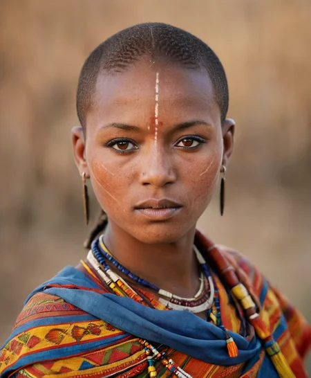 Photography in (stvmccrr style), a young Maasai woman with striking brown eyes, cultural portrait, emotive humane photography, rich colors, analog film, film grain, kodachrome, intricate details, insanely detailed, natural lighting, 8k, hdr, masterpiece, award winning photography, Fine art photography style, film photography style