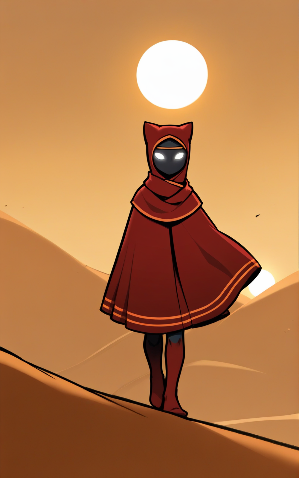 best quality, absurdres,(full body), <lora:BolivanteStyleITS:0.8>,  <lora:TJITS:0.8>, TJITS,white eyes,black skin,blank eyes,no mouth, hooded cloak,hood,hood up,red robe,ofuda,scarf,red legwear,headband,golden headband, standing,featureless feet,solo,walking, desert, ruins,sun,