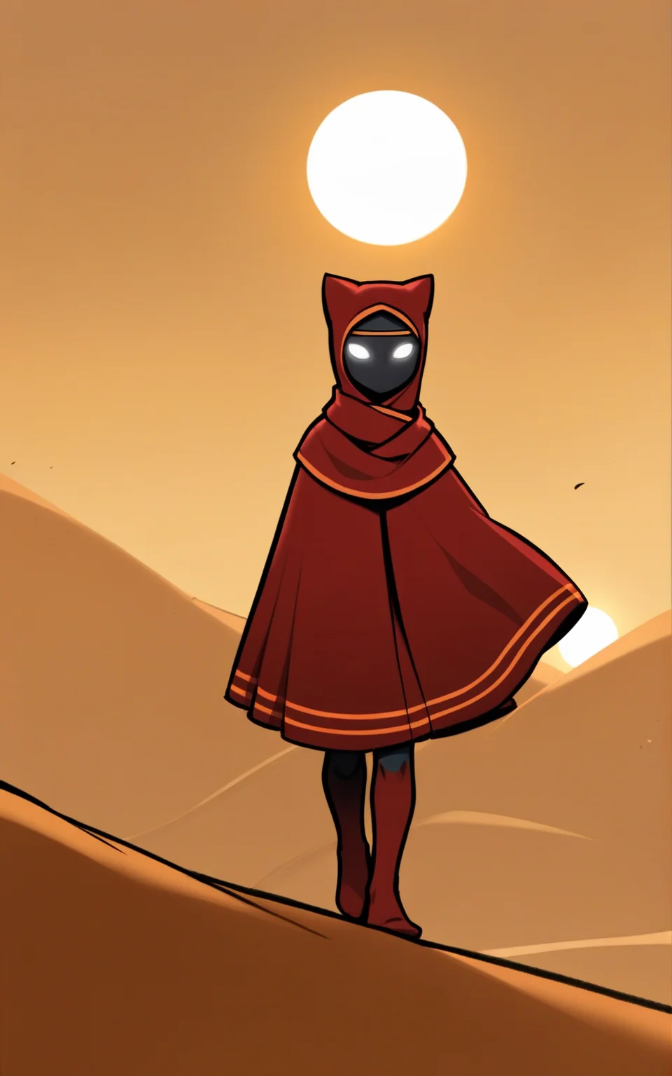 best quality, absurdres,(full body), <lora:BolivanteStyleITS:0.8>, <lora:TJITS:0.8>, TJITS,white eyes,black skin,blank eyes,no mouth, hooded cloak,hood,hood up,red robe,ofuda,scarf,red legwear,headband,golden headband, standing,featureless feet,solo,walking, desert, ruins,sun,