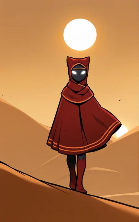 best quality, absurdres,(full body), <lora:BolivanteStyleITS:0.8>,  <lora:TJITS:0.8>, TJITS,white eyes,black skin,blank eyes,no mouth, hooded cloak,hood,hood up,red robe,ofuda,scarf,red legwear,headband,golden headband, standing,featureless feet,solo,walking, desert, ruins,sun,